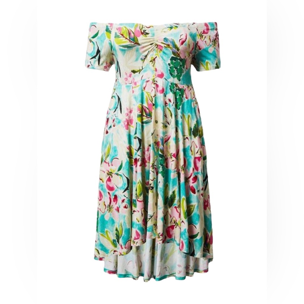 torrid Floral Off-Shoulder High-Low Dress in Aqua, Pink & Green